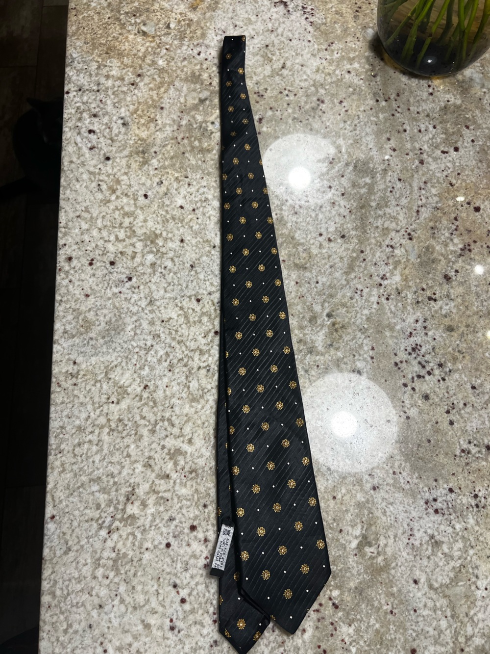 Brioni Black Silk Tie with Gold Floral Motif